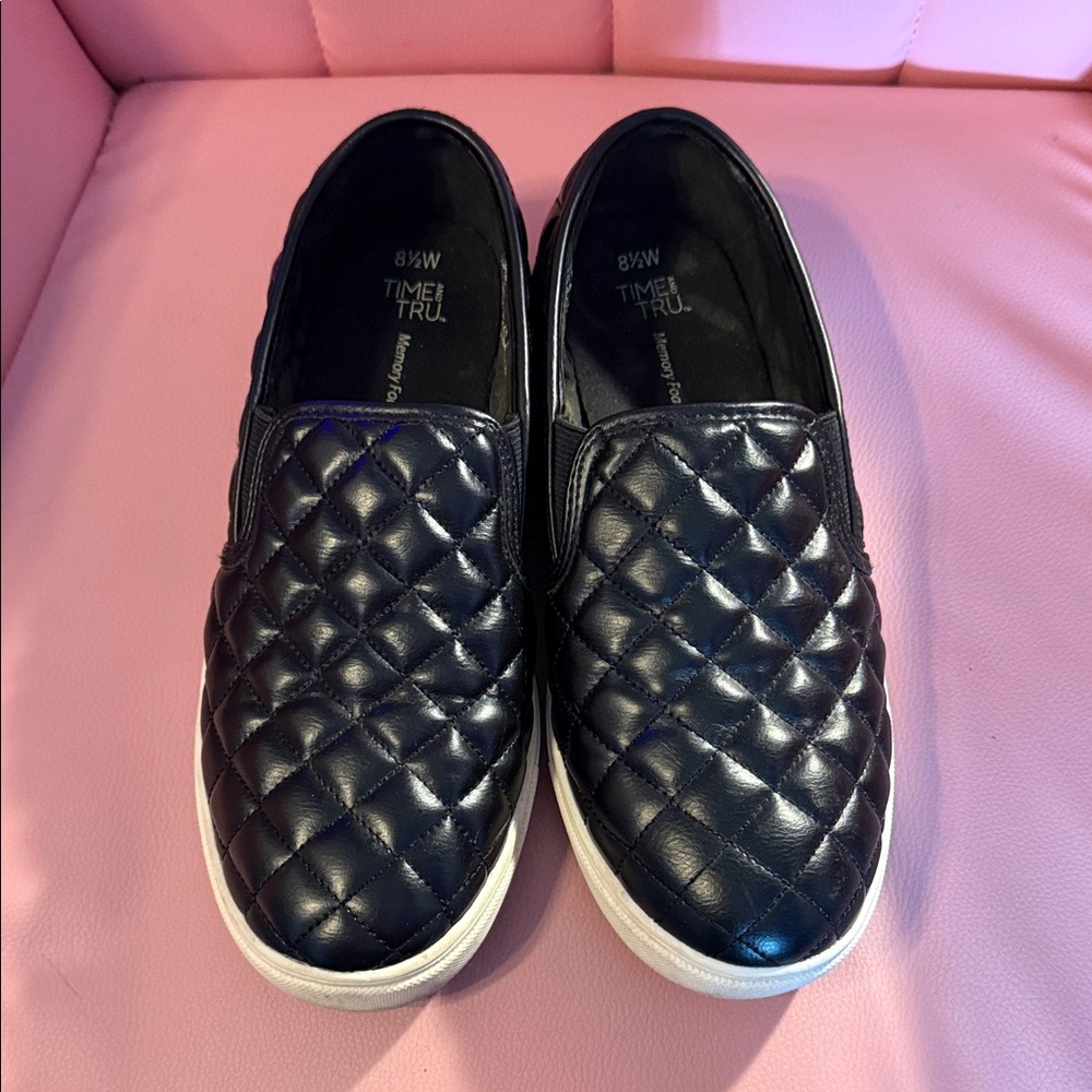 Time and Tru Quilted Slip-On Sneakers - Black with White Sole